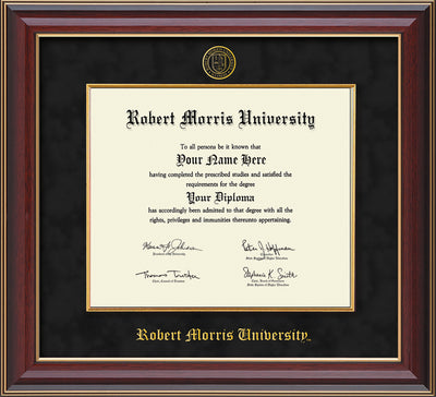 Image of Robert Morris University - Illinois Diploma Frame - Cherry Lacquer - w/Embossed RMU Seal & Name - Fillet - Black Suede mat