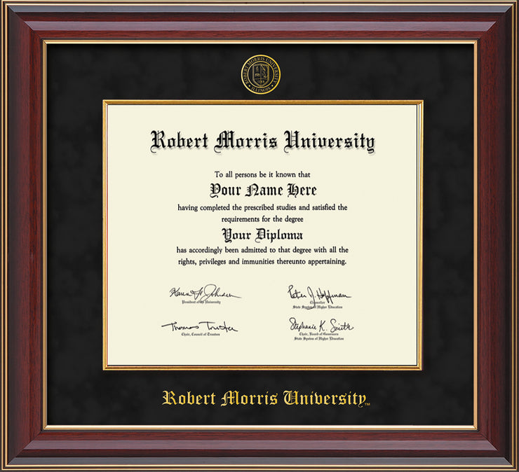 Image of Robert Morris University - Illinois Diploma Frame - Cherry Lacquer - w/Embossed RMU Seal & Name - Fillet - Black Suede mat