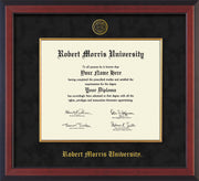 Image of Robert Morris University - Illinois Diploma Frame - Cherry Reverse - w/Embossed RMU Seal & Name - Fillet - Black Suede mat