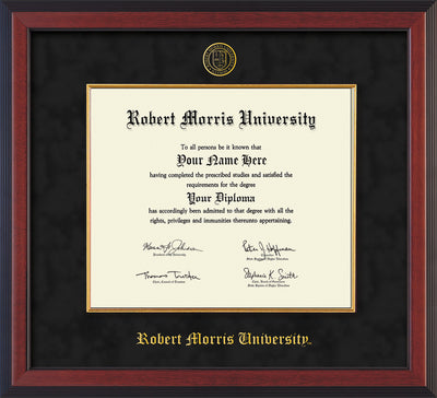 Image of Robert Morris University - Illinois Diploma Frame - Cherry Reverse - w/Embossed RMU Seal & Name - Fillet - Black Suede mat