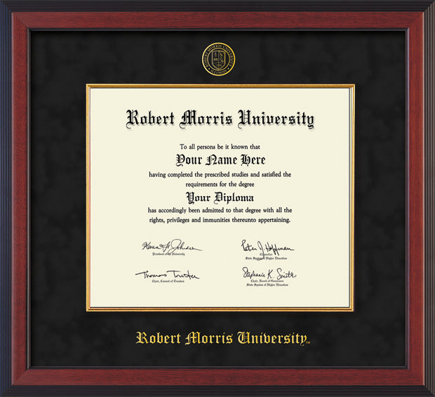 Image of Robert Morris University - Illinois Diploma Frame - Cherry Reverse - w/Embossed RMU Seal & Name - Fillet - Black Suede mat