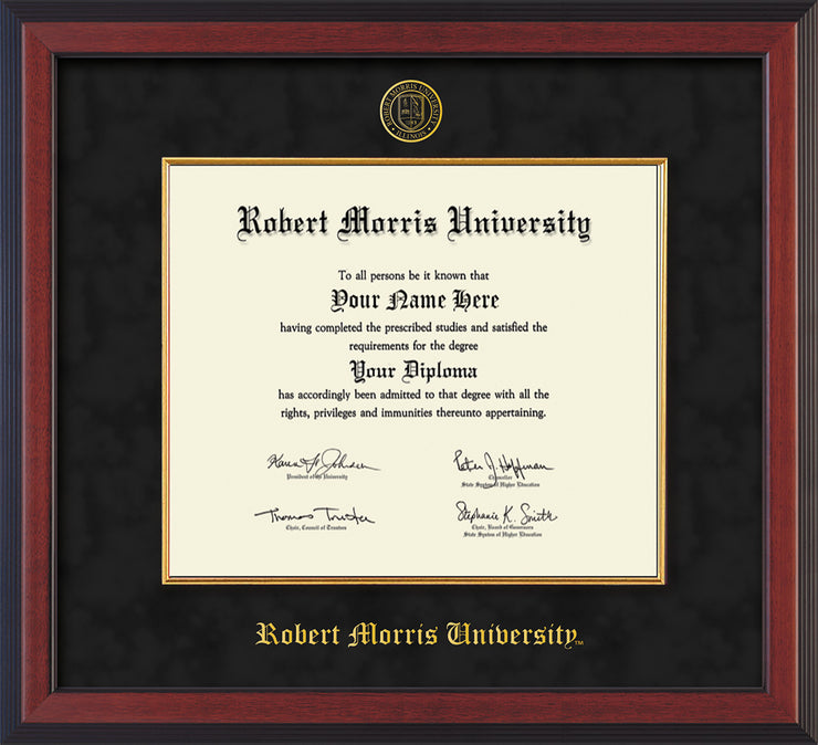 Image of Robert Morris University - Illinois Diploma Frame - Cherry Reverse - w/Embossed RMU Seal & Name - Fillet - Black Suede mat