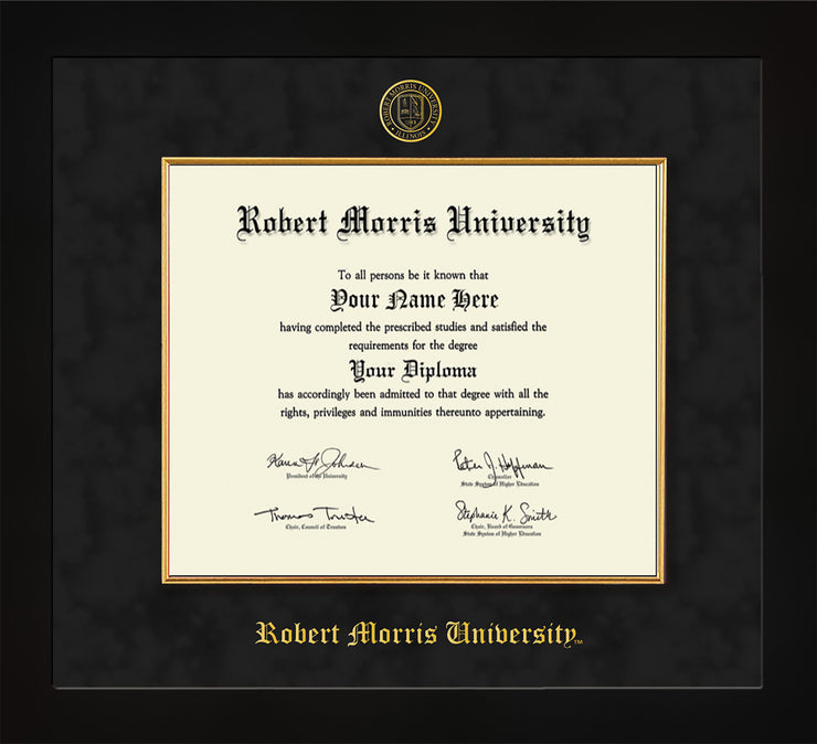 image of Robert Morris University - Illinois Diploma Frame - Flat Matte Black - w/Embossed RMU Seal & Name - Fillet - Black Suede mat