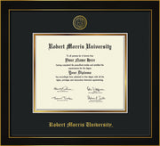Image of Robert Morris University - Illinois Diploma Frame - Honors Black Satin - w/Embossed RMU Seal & Name - Black on Gold mat