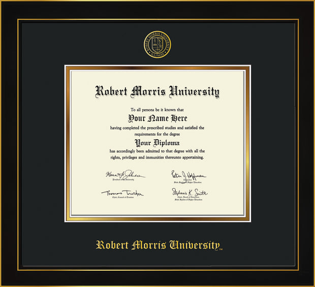 Image of Robert Morris University - Illinois Diploma Frame - Honors Black Satin - w/Embossed RMU Seal & Name - Black on Gold mat