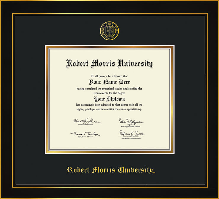 Image of Robert Morris University - Illinois Diploma Frame - Honors Black Satin - w/Embossed RMU Seal & Name - Black on Gold mat