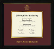 Image of Robert Morris University - Illinois Diploma Frame - Honors Black Satin - w/Embossed RMU Seal & Name - Maroon on Gold mat