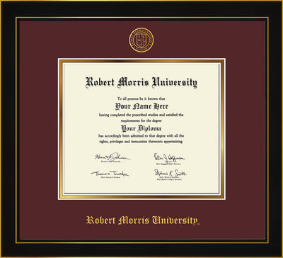 Image of Robert Morris University - Illinois Diploma Frame - Honors Black Satin - w/Embossed RMU Seal & Name - Maroon on Gold mat