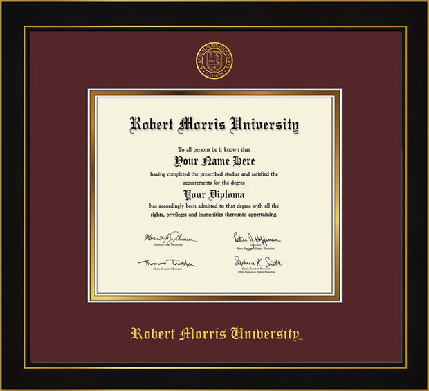 Image of Robert Morris University - Illinois Diploma Frame - Honors Black Satin - w/Embossed RMU Seal & Name - Maroon on Gold mat