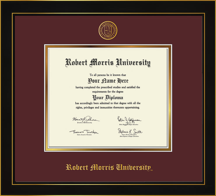 Image of Robert Morris University - Illinois Diploma Frame - Honors Black Satin - w/Embossed RMU Seal & Name - Maroon on Gold mat