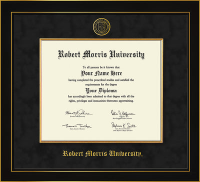 Image of Robert Morris University - Illinois Diploma Frame - Honors Black Satin - w/Embossed RMU Seal & Name - Fillet - Black Suede mat