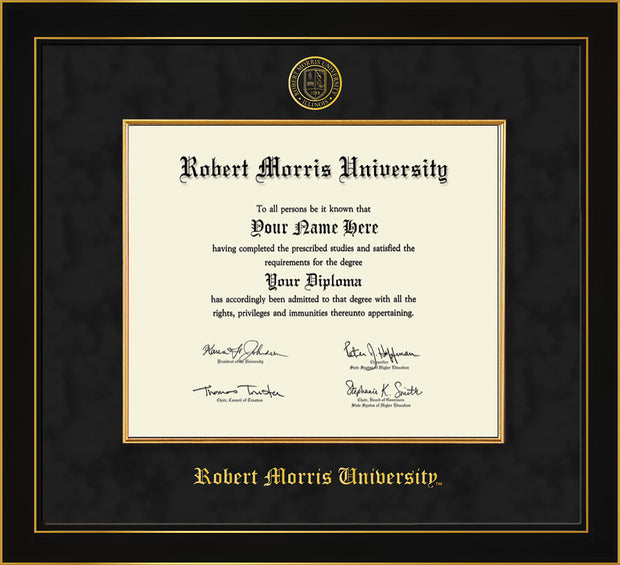 Image of Robert Morris University - Illinois Diploma Frame - Honors Black Satin - w/Embossed RMU Seal & Name - Fillet - Black Suede mat