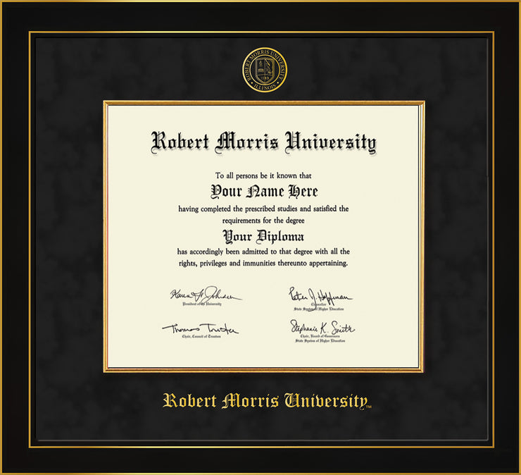 Image of Robert Morris University - Illinois Diploma Frame - Honors Black Satin - w/Embossed RMU Seal & Name - Fillet - Black Suede mat