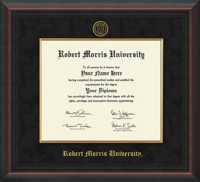 Image of Robert Morris University - Illinois Diploma Frame - Mahogany Braid - w/Embossed RMU Seal & Name - Fillet - Black Suede mat
