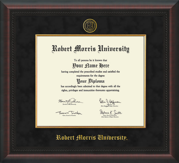 Image of Robert Morris University - Illinois Diploma Frame - Mahogany Braid - w/Embossed RMU Seal & Name - Fillet - Black Suede mat