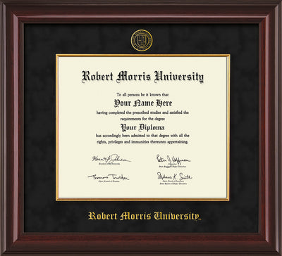 Image of Robert Morris University - Illinois Diploma Frame - Mahogany Lacquer - w/Embossed RMU Seal & Name - Fillet - Black Suede mat