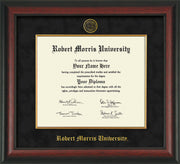 Image of Robert Morris University - Illinois Diploma Frame - Rosewood - w/Embossed RMU Seal & Name - Fillet - Black Suede mat