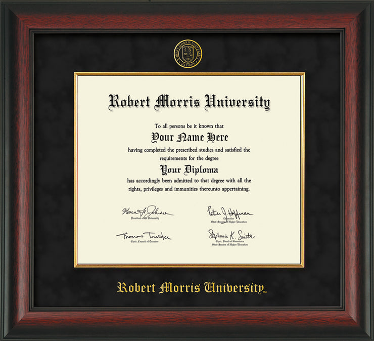 Image of Robert Morris University - Illinois Diploma Frame - Rosewood - w/Embossed RMU Seal & Name - Fillet - Black Suede mat
