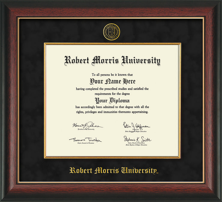Image of Robert Morris University - Illinois Diploma Frame - Rosewood with Gold Lip - w/Embossed RMU Seal & Name - Fillet - Black Suede mat