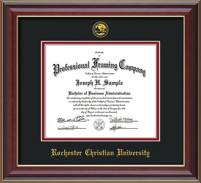 Image of Rochester Christian University Diploma Frame - Cherry Lacquer - w/Embossed Rochester Christian Seal and Name - Black on Crimson mat