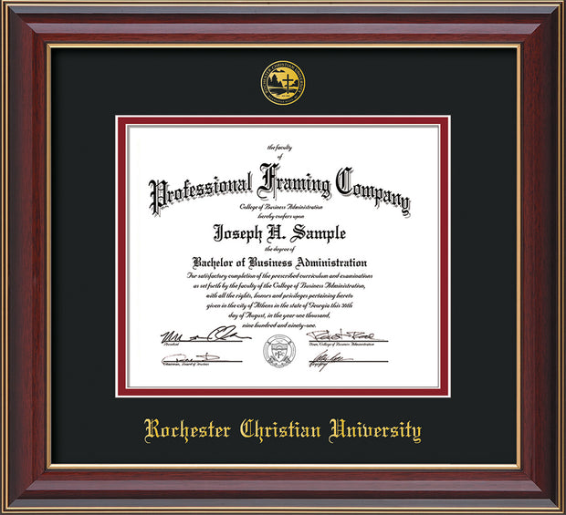 Image of Rochester Christian University Diploma Frame - Cherry Lacquer - w/Embossed Rochester Christian Seal and Name - Black on Crimson mat