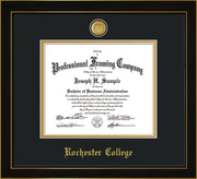 Image of the Rochester College Diploma Frame - Honors Black Satin - w/24k Gold-Plated Medallion - w/Rochester Name Embossing - Black on Gold mat