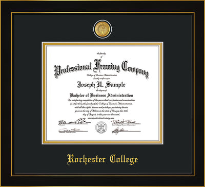 Image of the Rochester College Diploma Frame - Honors Black Satin - w/24k Gold-Plated Medallion - w/Rochester Name Embossing - Black on Gold mat
