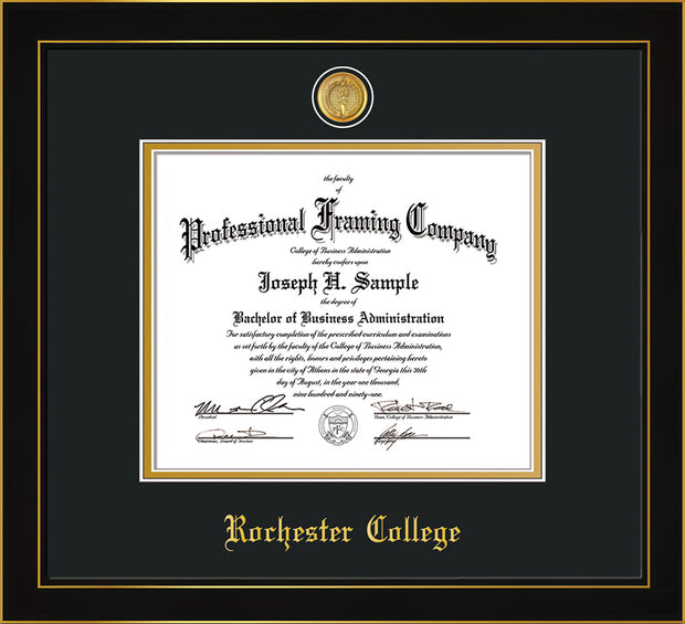 Image of the Rochester College Diploma Frame - Honors Black Satin - w/24k Gold-Plated Medallion - w/Rochester Name Embossing - Black on Gold mat