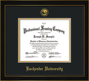 Image of Rochester University Diploma Frame - Honors Black Satin - w/Embossed Rochester Seal and Name - Black on Gold mat