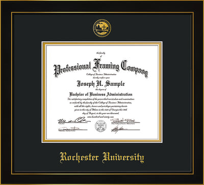Image of Rochester University Diploma Frame - Honors Black Satin - w/Embossed Rochester Seal and Name - Black on Gold mat