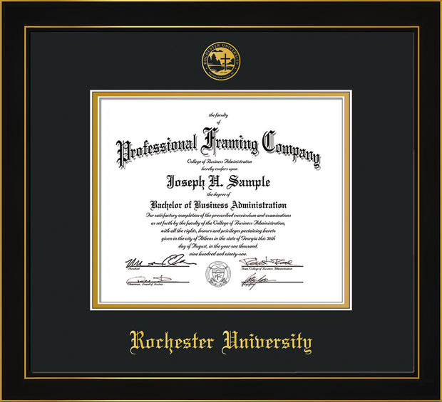 Image of Rochester University Diploma Frame - Honors Black Satin - w/Embossed Rochester Seal and Name - Black on Gold mat