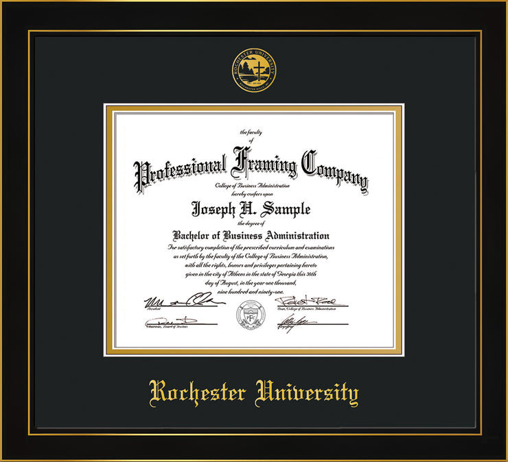Image of Rochester University Diploma Frame - Honors Black Satin - w/Embossed Rochester Seal and Name - Black on Gold mat