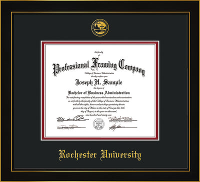 Image of Rochester University Diploma Frame - Honors Black Satin - w/Embossed Rochester Seal and Name - Black on Crimson mat
