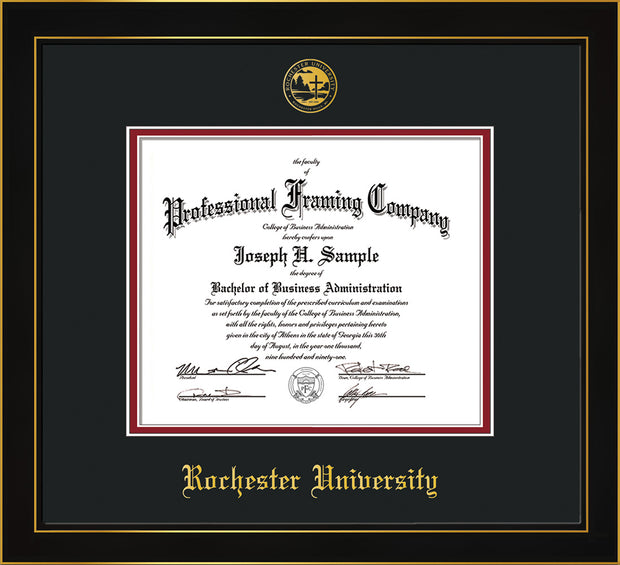 Image of Rochester University Diploma Frame - Honors Black Satin - w/Embossed Rochester Seal and Name - Black on Crimson mat