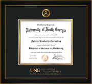 Image of University of North Georgia Diploma Frame - Honors Black Satin - w/Embossed Military Seal & Military Wordmark - Black on Gold mat