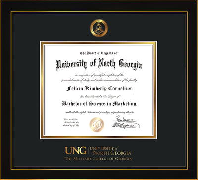 Image of University of North Georgia Diploma Frame - Honors Black Satin - w/Embossed Military Seal & Military Wordmark - Black on Gold mat
