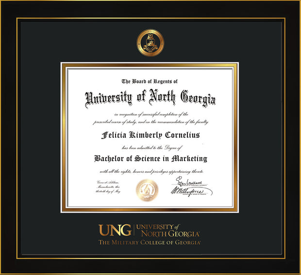 Image of University of North Georgia Diploma Frame - Honors Black Satin - w/Embossed Military Seal & Military Wordmark - Black on Gold mat