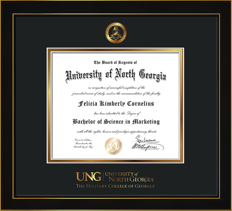 Image of University of North Georgia Diploma Frame - Honors Black Satin - w/Embossed Military Seal & Military Wordmark - Black on Gold mat