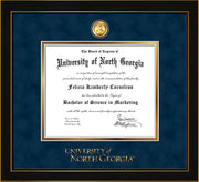 Image of University of North Georgia Diploma Frame - Honors Black Satin - w/24k Gold-Plated Military Medallion & UNG Wordmark Embossing - Navy Suede on Gold