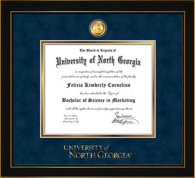 Image of University of North Georgia Diploma Frame - Honors Black Satin - w/24k Gold-Plated Military Medallion & UNG Wordmark Embossing - Navy Suede on Gold