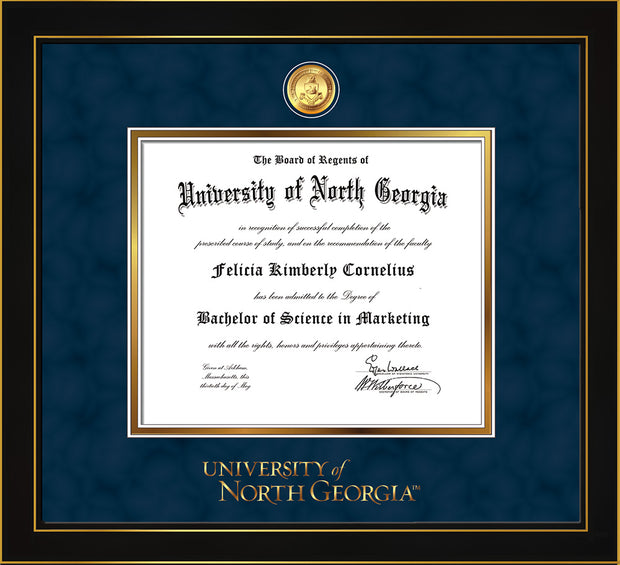 Image of University of North Georgia Diploma Frame - Honors Black Satin - w/24k Gold-Plated Military Medallion & UNG Wordmark Embossing - Navy Suede on Gold