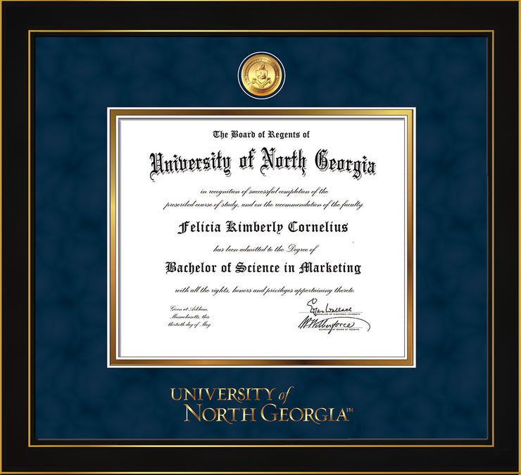 Image of University of North Georgia Diploma Frame - Honors Black Satin - w/24k Gold-Plated Military Medallion & UNG Wordmark Embossing - Navy Suede on Gold