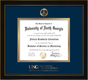Image of University of North Georgia Diploma Frame - Honors Black Satin - w/Embossed Military Seal & Military Wordmark - Navy on Gold mat