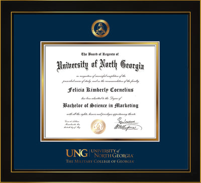 Image of University of North Georgia Diploma Frame - Honors Black Satin - w/Embossed Military Seal & Military Wordmark - Navy on Gold mat