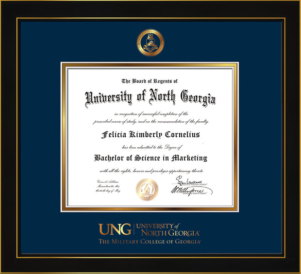 Image of University of North Georgia Diploma Frame - Honors Black Satin - w/Embossed Military Seal & Military Wordmark - Navy on Gold mat