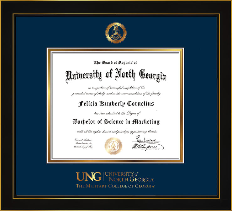 Image of University of North Georgia Diploma Frame - Honors Black Satin - w/Embossed Military Seal & Military Wordmark - Navy on Gold mat