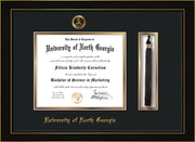 Image of University of North Georgia Diploma Frame - Honors Black Satin - w/Embossed Military Seal & UNG Name - Tassel Holder - Black on Gold mat