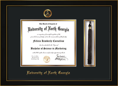 Image of University of North Georgia Diploma Frame - Honors Black Satin - w/Embossed Military Seal & UNG Name - Tassel Holder - Black on Gold mat