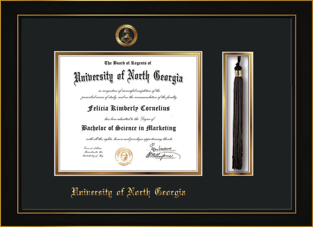Image of University of North Georgia Diploma Frame - Honors Black Satin - w/Embossed Military Seal & UNG Name - Tassel Holder - Black on Gold mat