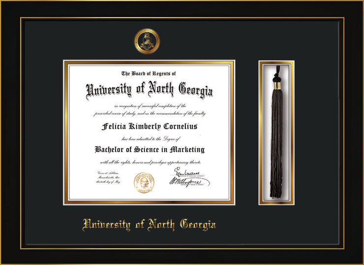 Image of University of North Georgia Diploma Frame - Honors Black Satin - w/Embossed Military Seal & UNG Name - Tassel Holder - Black on Gold mat